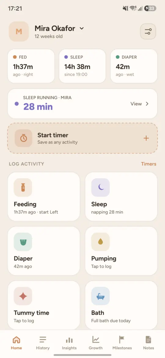 Budkin's home screen: cards for how long since the last feed, sleep and diaper, a sleep timer running at 28 minutes, and a grid of one-tap activity tiles.