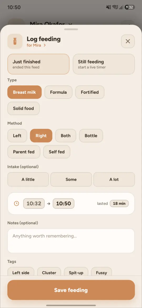The log feeding sheet: breast milk and right breast picked from rows of chips, a start and end time, and a Save feeding button.