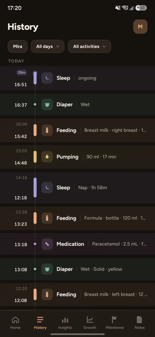 The history timeline in the Night theme: sleep, diaper, feeding, pumping and medication entries down one day, each with its time and detail.